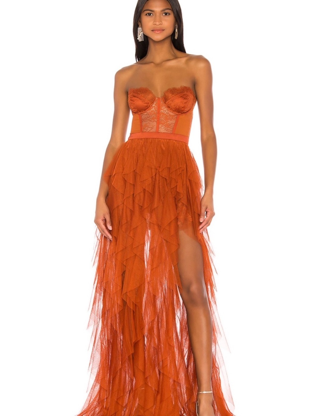 NWT For Love & Lemons Rust Strapless Lace Bustier Gown x Revolve